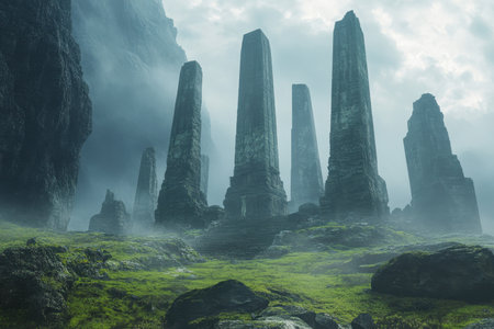 The image depicts a scene of ancient stone pillars rising from a misty landscape covered in lush green grass and moss.の素材