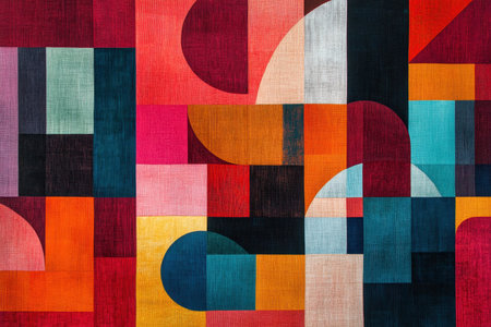 A digital artwork featuring a geometric pattern composed of various colored squares, rectangles, and circular shapes on a textured surface.の素材