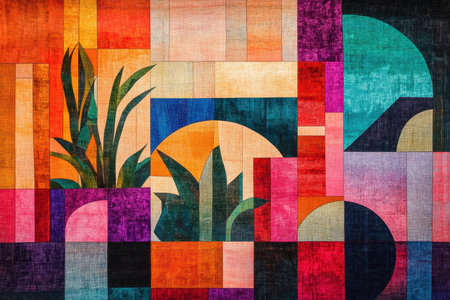 A colorful abstract mosaic artwork featuring geometric shapes and stylized greenery.の素材