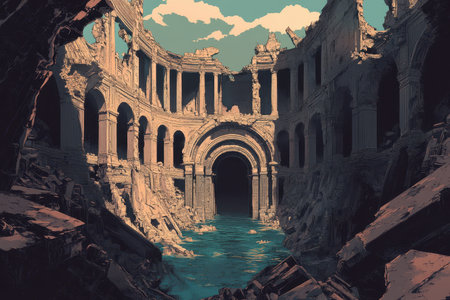 The image depicts a crumbling ancient structure with an archway leading to blue water, signifying the passage of time and potential rebirth.の素材