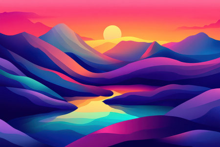 A vibrant digital illustration of a sunset landscape with wavy mountains and a river.の素材