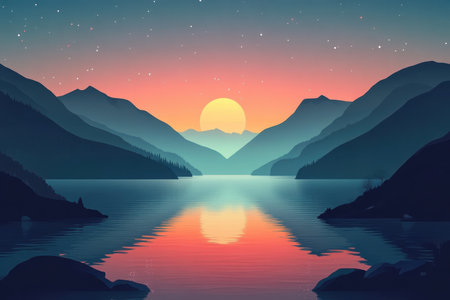 A serene sunset over a mountain lake with a starry sky, showcasing the vibrant colors of the sky reflected in the still water.の素材