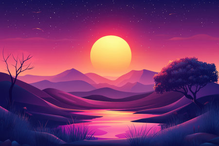 A digital illustration of a vibrant sunset over a purple landscape with a river and a tree, creating a peaceful and dreamy atmosphere.の素材
