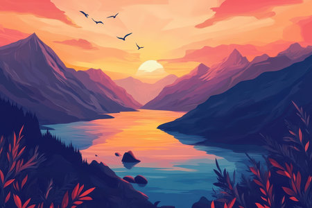 A picturesque sunset over a mountain lake, with a vibrant sky and flying birds creating a serene landscape.の素材