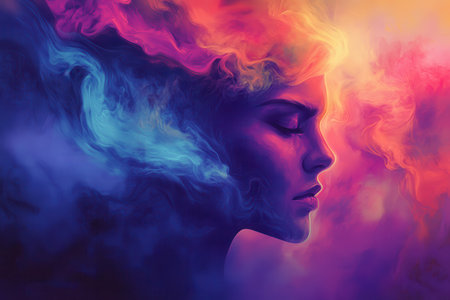 A digital painting of a woman&#39;s face partially obscured by swirling, colorful smoke, creating a dreamy and ethereal portrait.の素材
