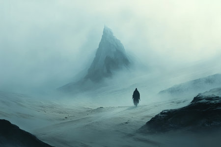 A lone figure walks towards a snow-covered mountain peak shrouded in thick fog.の素材