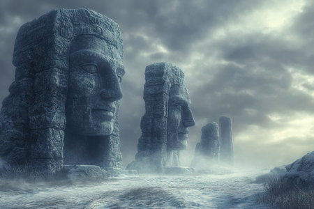 A line of large stone statues with faces carved into them stand in a frozen and misty landscape.の素材