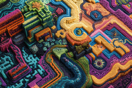 A digitally created abstract landscape with a mixture of geometric shapes and organic textures, composed in a vibrant and colorful palette.の素材