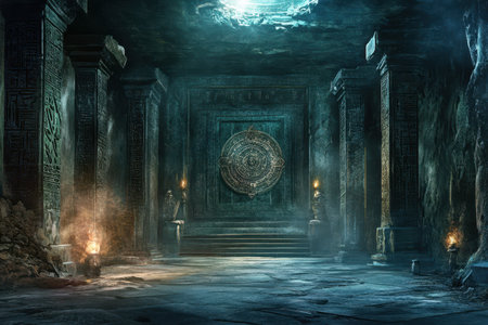 A dimly lit chamber with an ornate stone doorway, pillars, and torches casting an eerie glow on the ancient carvings.の素材