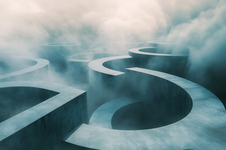 A 3D rendering of a futuristic geometric structure with curved shapes and circles emerging from a cloudy, ethereal landscape.の素材