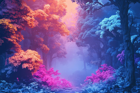 A surreal forest scene with trees bathed in pink and blue light, shrouded in fog, creating a mystical and dreamlike atmosphere.の素材
