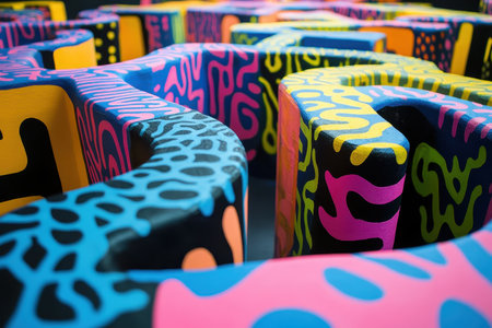 A close-up image of a series of interlocking blocks, each painted with vibrant abstract patterns in bold colors like blue, pink, yellow, and green.の素材