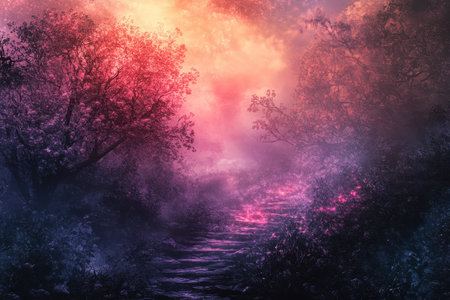 A stone path leading through a misty, enchanted forest with a vibrant pink and orange sky overhead.の素材