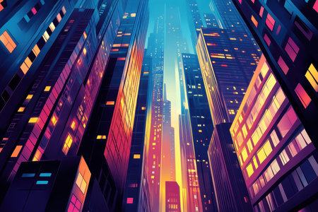 A low-angle shot capturing a vibrant cityscape at night, showcasing the illuminated windows of skyscrapers against a dark, almost abstract sky.の素材