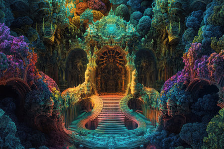 A fantastical digital illustration depicting a glowing gateway framed by vibrant, organic, fractal structures.の素材