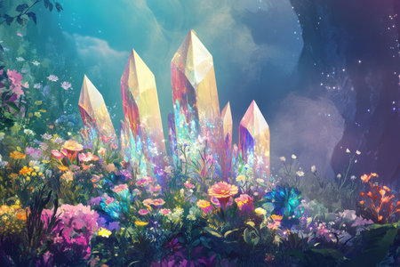 A digital painting of iridescent crystals rising from a bed of colorful flowers in a fantastical landscape.の素材