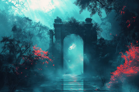 An ancient stone archway leads to a path through a misty, enchanted forest, surrounded by red leaves and ethereal light.の素材