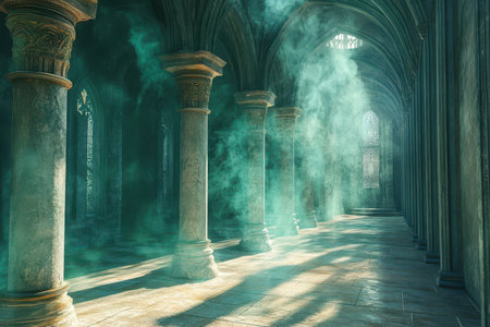 A long, stone colonnade with misty lighting creates a sense of mystery and grandeur in this ancient palace.の素材