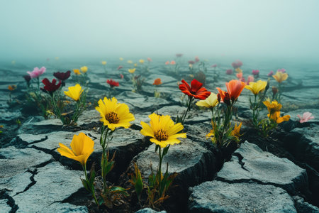 A close-up shot of vibrant flowers blooming through cracked earth in a foggy, desolate landscape, capturing a moment of beauty and resilience amidst a challenging environment.の素材