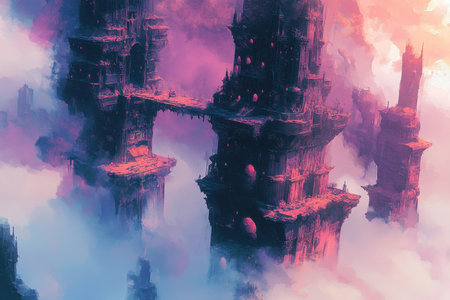 A digital painting depicting tall gothic towers floating in a surreal sky with a pink and purple color scheme.の素材