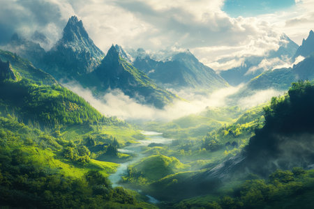 A picturesque scene of a verdant valley cradled by majestic mountains, with a winding river snaking through the misty landscape.の素材