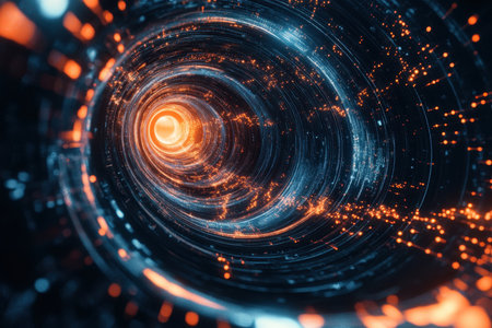 A digital rendering of an abstract tunnel with swirling patterns of light, creating a futuristic and dynamic visual.の素材
