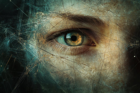 The image features a close-up of a green eye with a glowing center, covered in a web of cracks that creates a textured, abstract and surreal effect.の素材