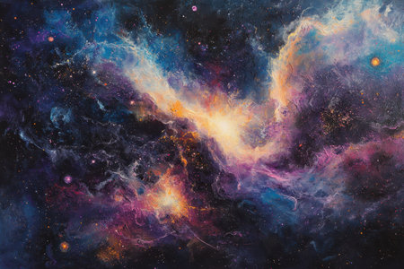 A painting of a cosmic nebula with vibrant colors and stars, creating an abstract and ethereal representation of deep space.の素材