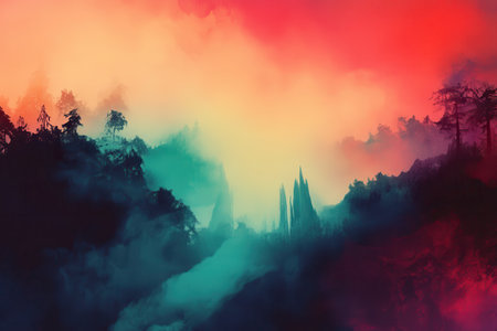 A serene and mystical forest landscape bathed in colorful fog with a dramatic sky.の素材