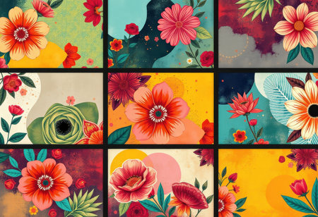 A colorful collage of flowers arranged in various abstract shapes and colors.の素材
