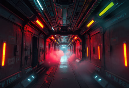 The image depicts a dark, futuristic corridor lit with vibrant red and blue lights, creating a sense of depth and intrigue.の素材
