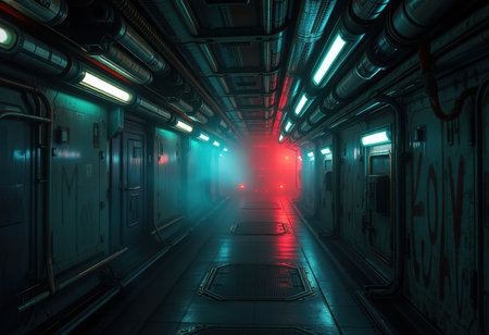 A long, narrow, futuristic corridor with neon lights, fog, and grunge textures.の素材