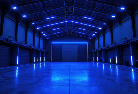 The image depicts a dark, empty industrial garage illuminated by blue neon lights, showcasing the concrete floor and structural elements.の素材