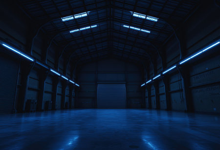 A dark industrial warehouse with blue neon lights illuminating the concrete floor and reflecting off the metal surfaces.の素材