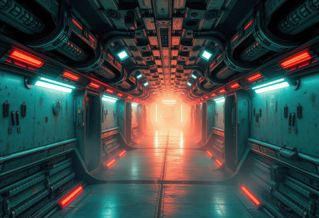 An image of a futuristic interior corridor with red and blue lighting. The corridor is lit by a series of neon lights, creating an interesting and futuristic atmosphere. The walls and ceiling of the corridor are made of metal, and the floor is made of tiles. The corridor is narrow and long, leading to a bright light at the end.の素材
