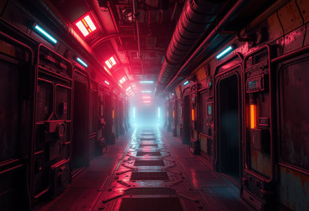 A dimly lit, futuristic corridor with red neon lights, revealing a metal, grunge aesthetic.の素材