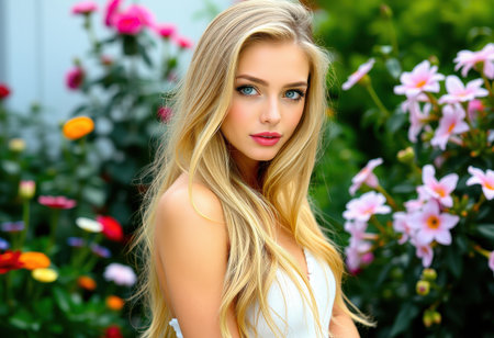 A young woman with long blonde hair and blue eyes is photographed in a garden, looking directly at the camera.の素材