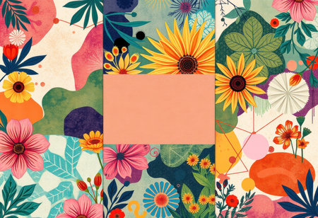 A vibrant collage of abstract shapes and colorful flowers surrounding a blank central space.の素材