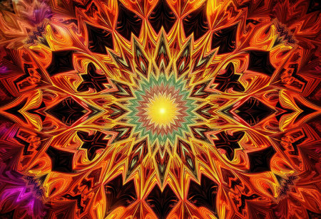 A colorful abstract design with a central starburst pattern formed by intricate, swirling lines.の素材