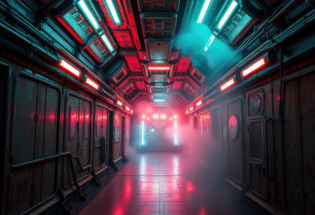 A futuristic, dimly lit corridor with red and blue neon lights, metal walls, and a tiled floor.の素材