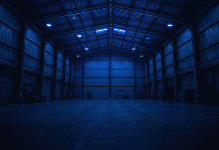 A large, empty warehouse interior illuminated by blue fluorescent lights, featuring steel beams, corrugated metal walls, and a concrete floor.の素材