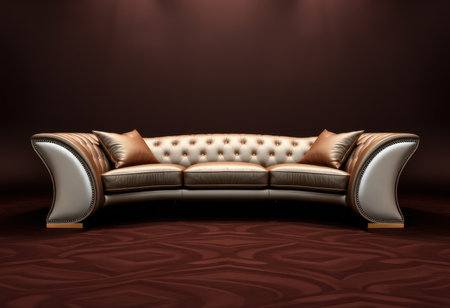 A luxurious, curved leather sofa with tufted back, two pillows, and ornate gold accents, set against a dark brown background.の素材