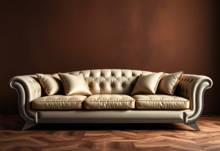 A luxurious gold leather sofa with a tufted backrest and decorative trim sits on a wooden floor with a herringbone pattern.の素材