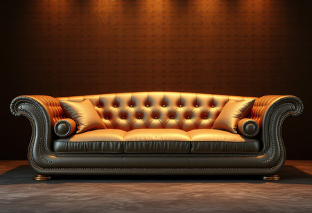 An elegant gold leather sofa with button tufted upholstery, positioned against a brown textured wall with subtle lighting.の素材