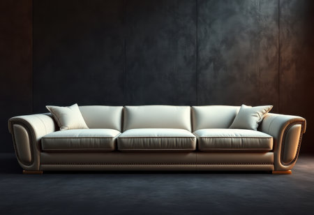 A white leather sofa with gold trim stands in front of a dark wall, highlighting its sleek design and elegant style.の素材