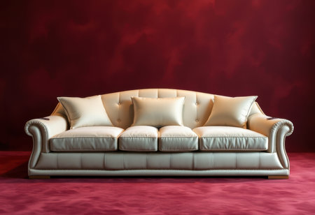 A white leather sofa with three pillows sits against a burgundy wall.の素材