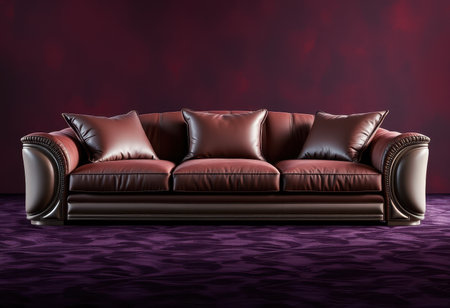 A brown leather sofa with three pillows against a red wall. The sofa is elegant and comfortable, with a classic design.の素材
