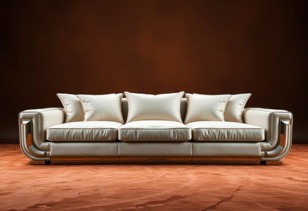 A modern white leather sofa with gold accents and a brown carpet.の素材