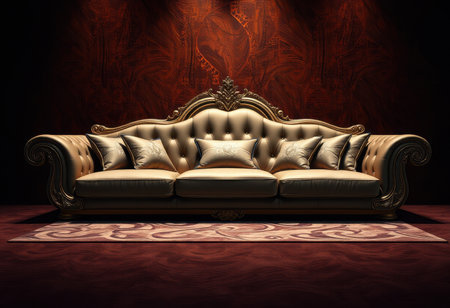 A luxurious, ornate golden sofa with cushions sits in front of a red wooden wall, creating a visually striking interior design.の素材