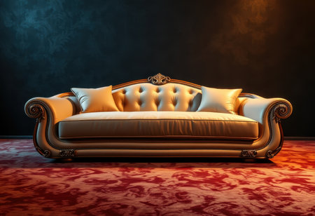 A luxurious, ornate gold-trimmed sofa sits on a red carpet with a dark background.の素材
